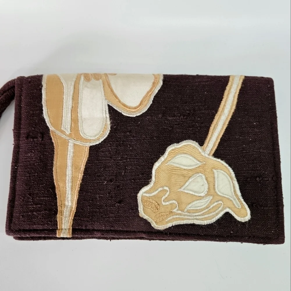 VINTAGE Lawrence Bentley Brown Floral Embroidered Brown Clutch Wristlet Bag